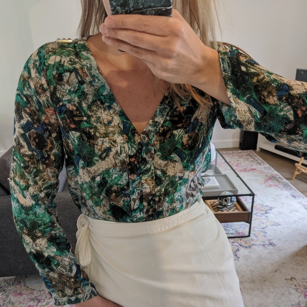 Zara Blouse Jewel Printed Green Dressy Blouse Top